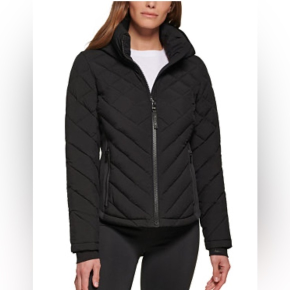 CALVIN KLEIN Black Quilted Puffer Jacket Full Zip Hood Shirred Zip Pockets - Picture 1 of 13